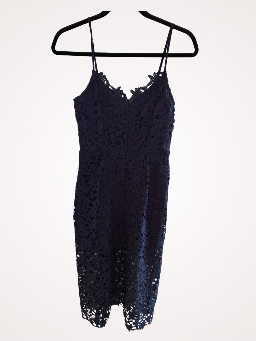 Navy Lace Midi Dress with Spaghetti Straps - Elegant Women's Occasion Dress